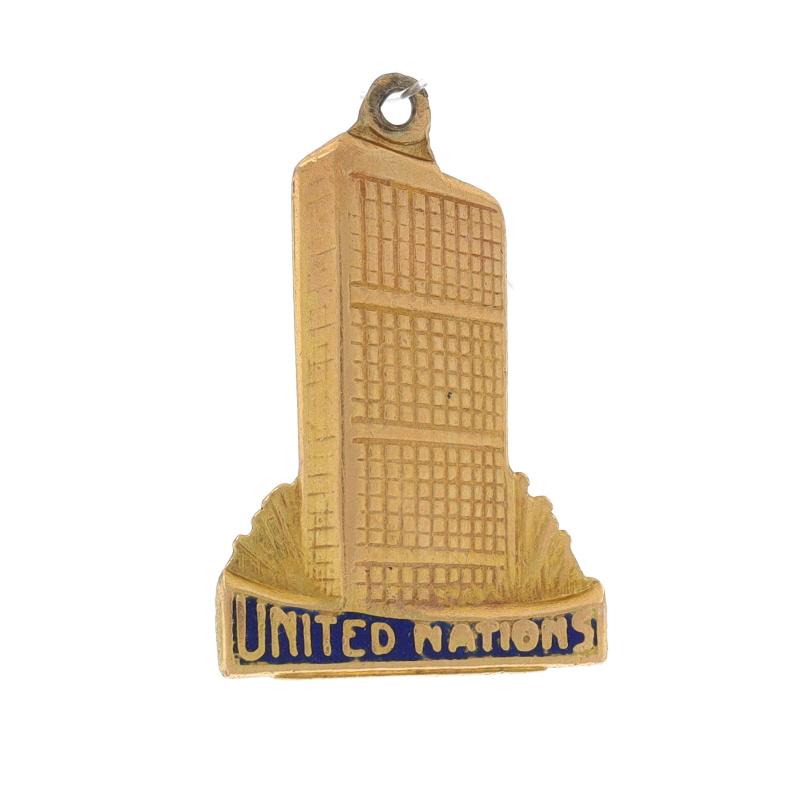 Metal Content: 14k Yellow Gold

Material Information
Enamel
Color: Blue

Theme: United Nations Building, U.N., N.Y.C. Travel Souvenir

Measurements
Tall (from stationary bail): 27/32