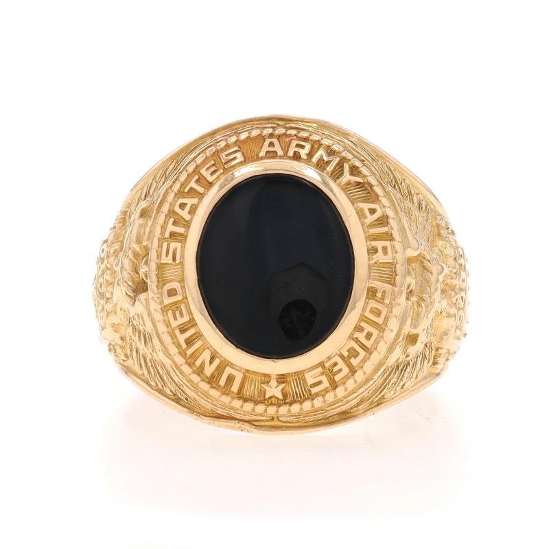 Size: 9 1/4
Sizing Fee: Up 1 size for $80 or Down 1 size for $60

Organization: United States Army Air Forces

Metal Content: 10k Yellow Gold

Stone Information

Natural Onyx
Color: Black

Style: Solitaire

Measurements

Face Height (north to