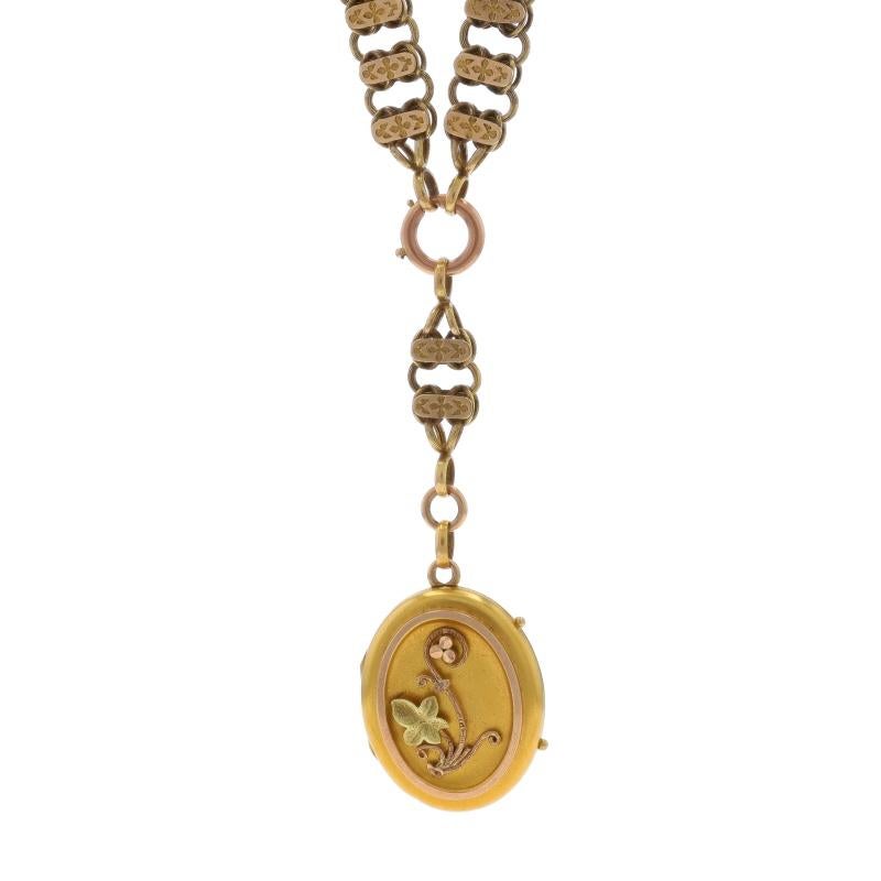 Epoca: Vittoriano

Contenuto metallico: Oro giallo 10k, oro rosa 10k, oro verde 10k e riempimento in oro

Stile: Medaglione
Stile della catena: A Link
Stile della collana: Catena
Tipo di chiusura: Chiusura con anello a molla
Tema: Foglia di