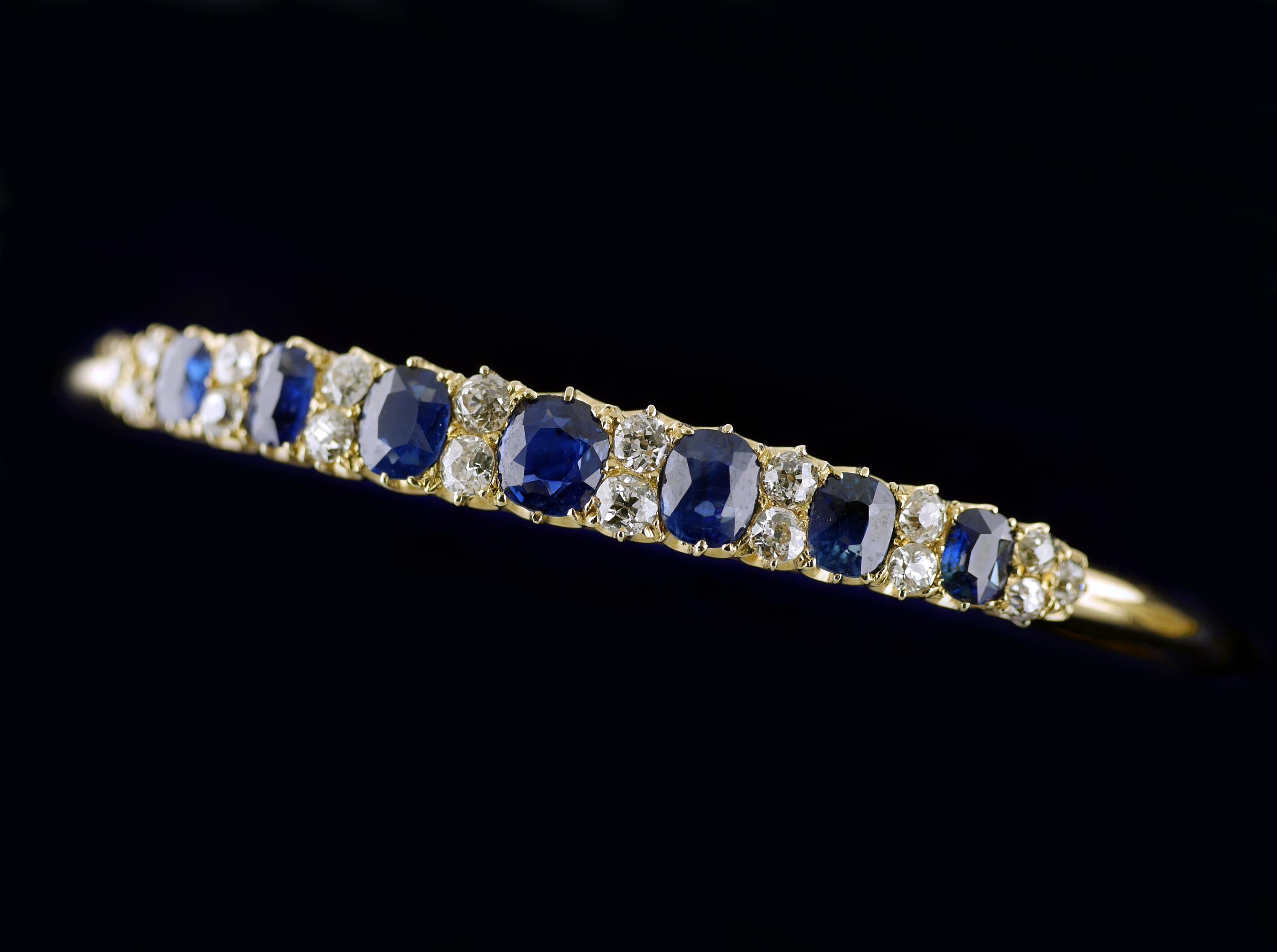 Old Mine Cut Yellow Gold Victorian Natural Untreated Sapphire Diamond Bangle circa 1860 For Sale