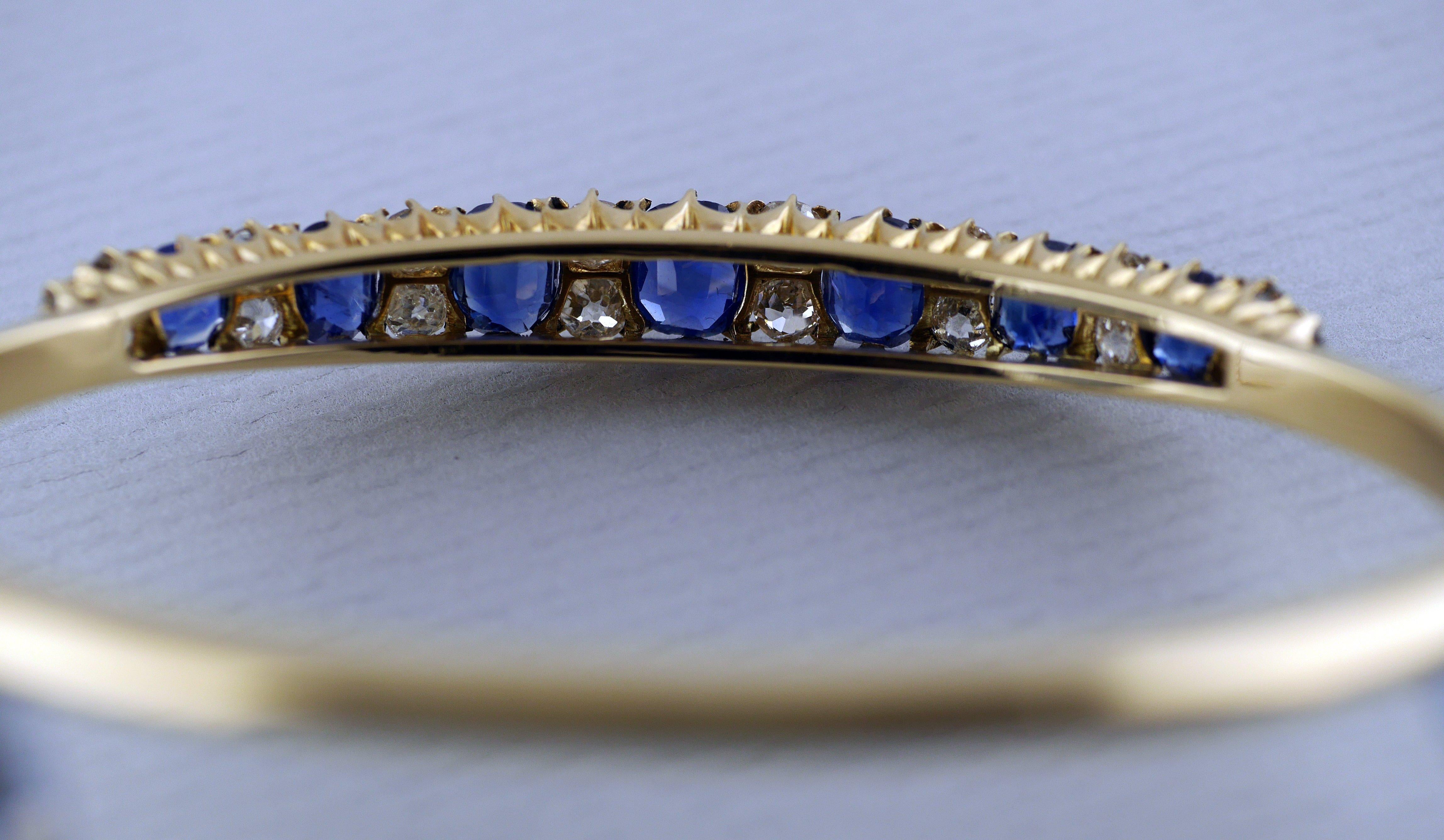 Old Mine Cut Yellow Gold Victorian Natural Untreated Sapphire Diamond Bangle, circa 1860 For Sale