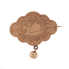 Yellow Gold Victorian Shield Dangle Brooch - 14k Floral Antique Pin