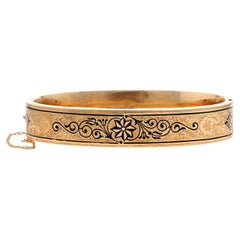 Yellow Gold Victorian Star Scroll Bangle Bracelet 6" - 14k Black Enamel Antique