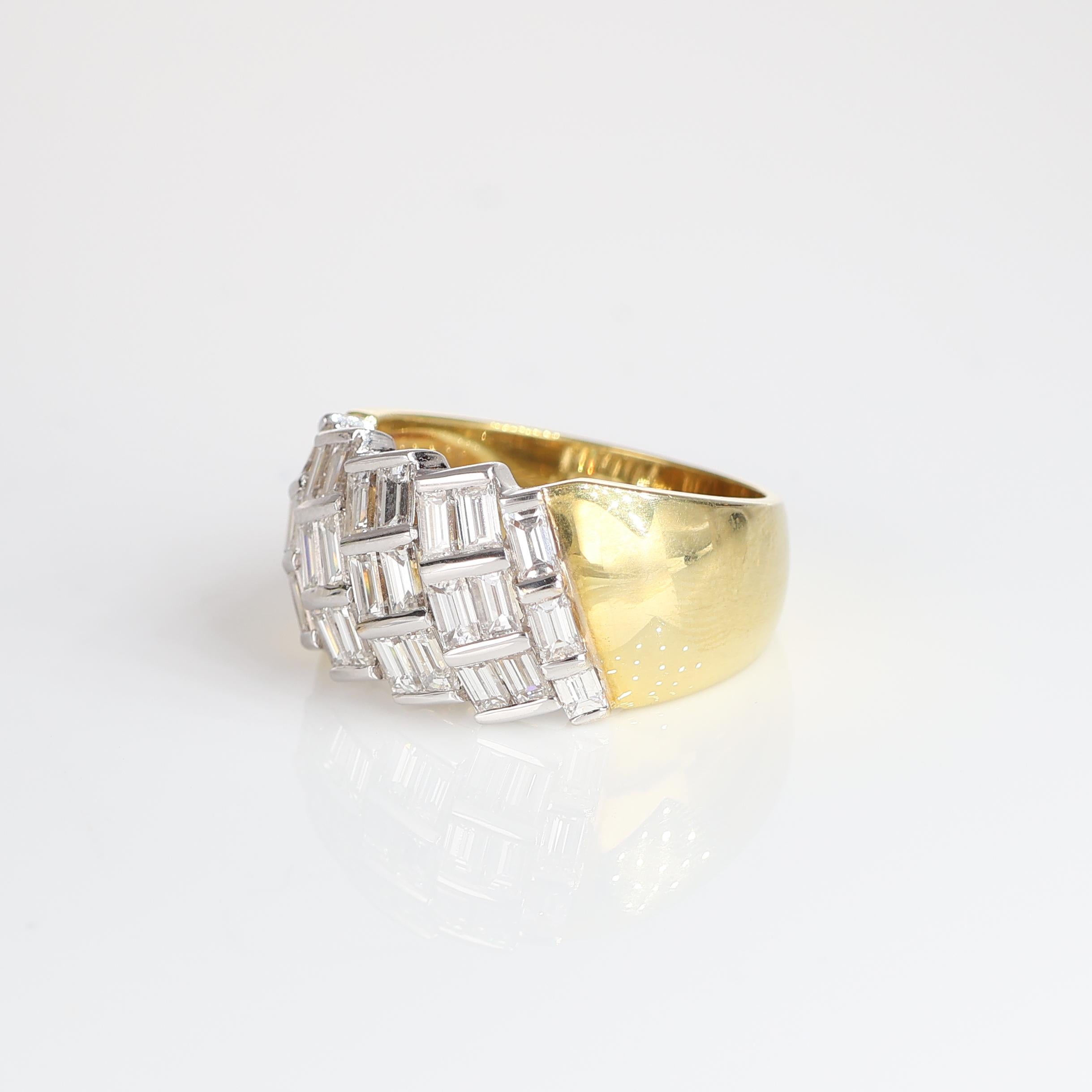 Baguette Cut Yellow Gold Vintage Band Ring with Diagonal Baguette Diamonds, 2.07 Carats For Sale
