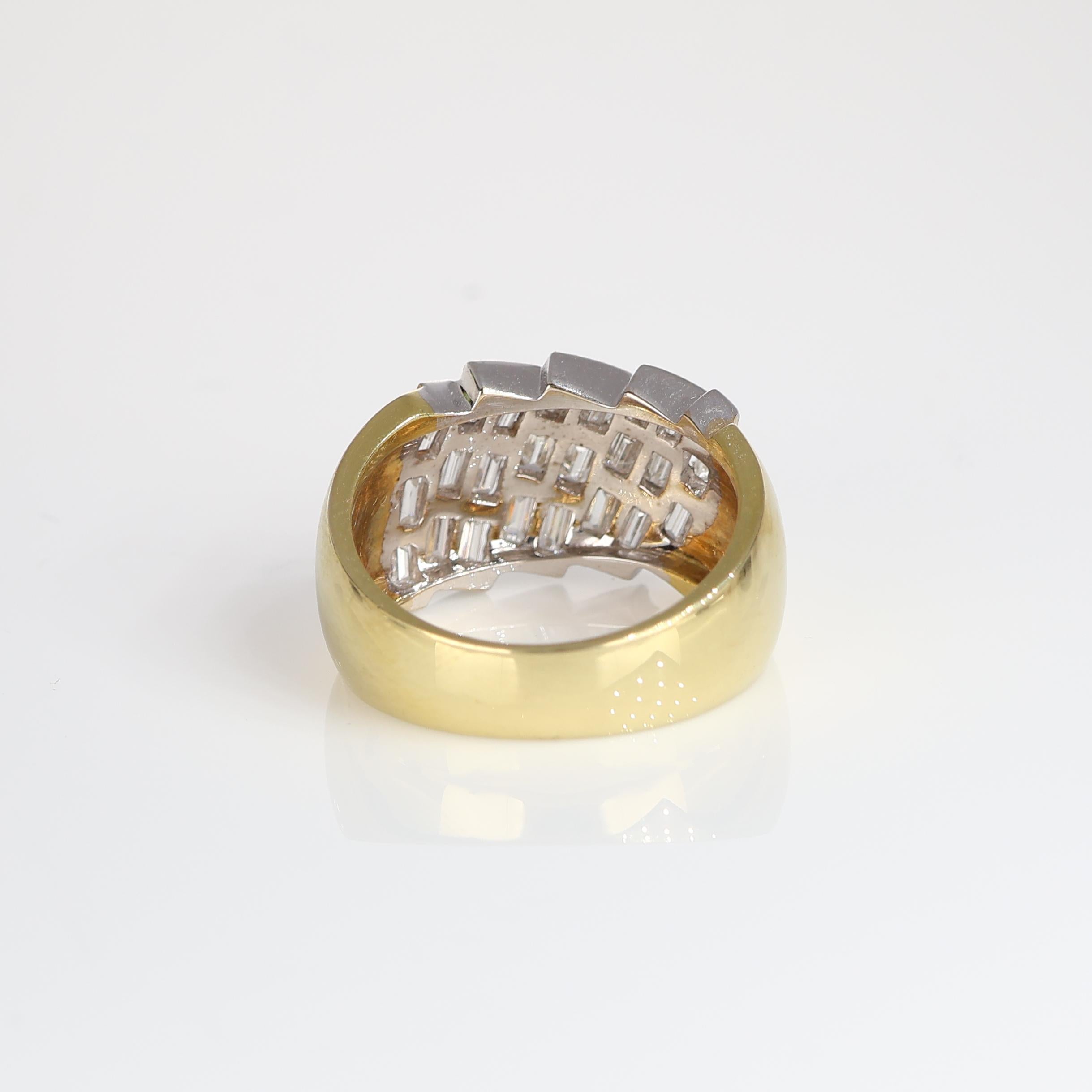 Women's or Men's Yellow Gold Vintage Band Ring with Diagonal Baguette Diamonds, 2.07 Carats For Sale