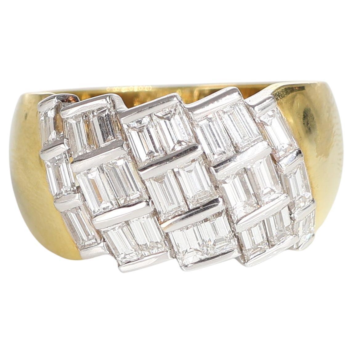 Yellow Gold Vintage Band Ring with Diagonal Baguette Diamonds, 2.07 Carats