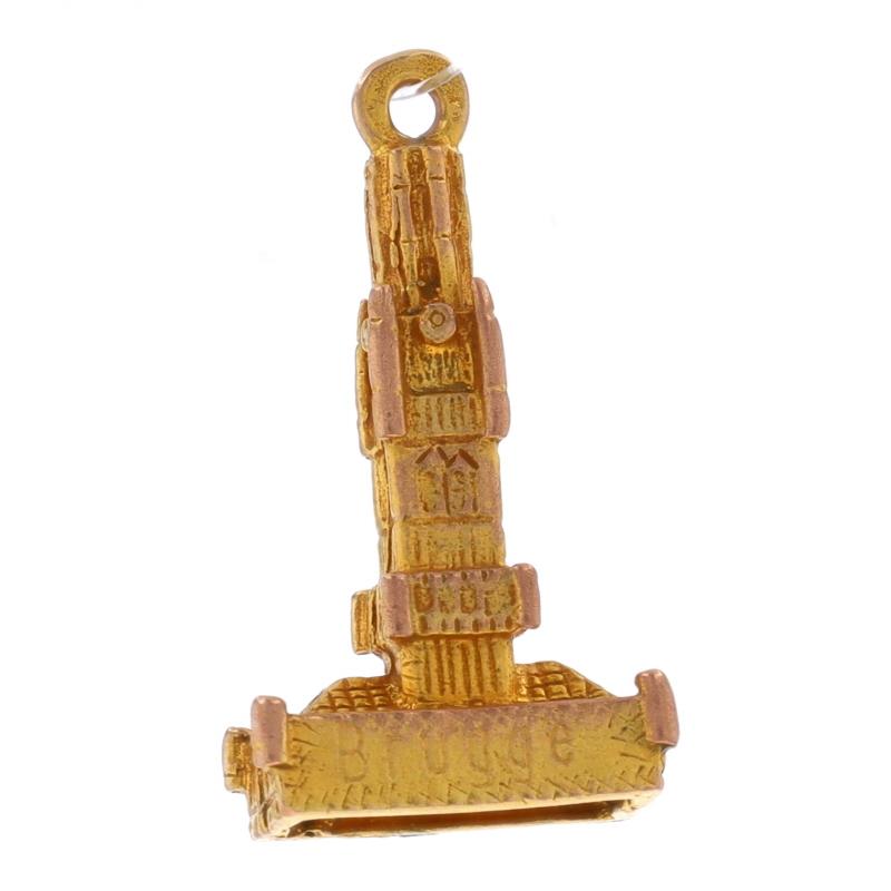 Era: Vintage

Metal Content: 9k Yellow Gold

Theme: Belfry of Bruges, Bruges, Belgium Bell Tower
Features: Hollow Construction with Etched Detailing

Measurements

Tall (from stationary bail): 25/32