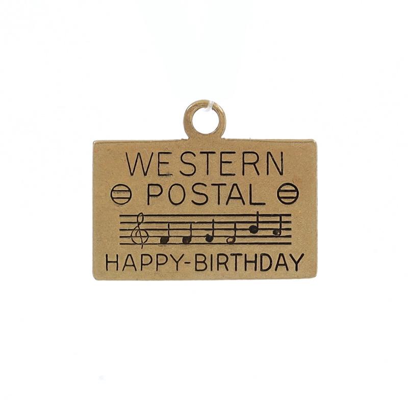 Era: Vintage

Metal Content: 14k Yellow Gold

Theme: Birthday Telegram Envelope, Celebration Wishes

Measurements
Tall (from stationary bail): 15/32