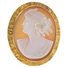 Yellow Gold Vintage Carved Shell Cameo Brooch - 14k Detailed Silhouette Pin