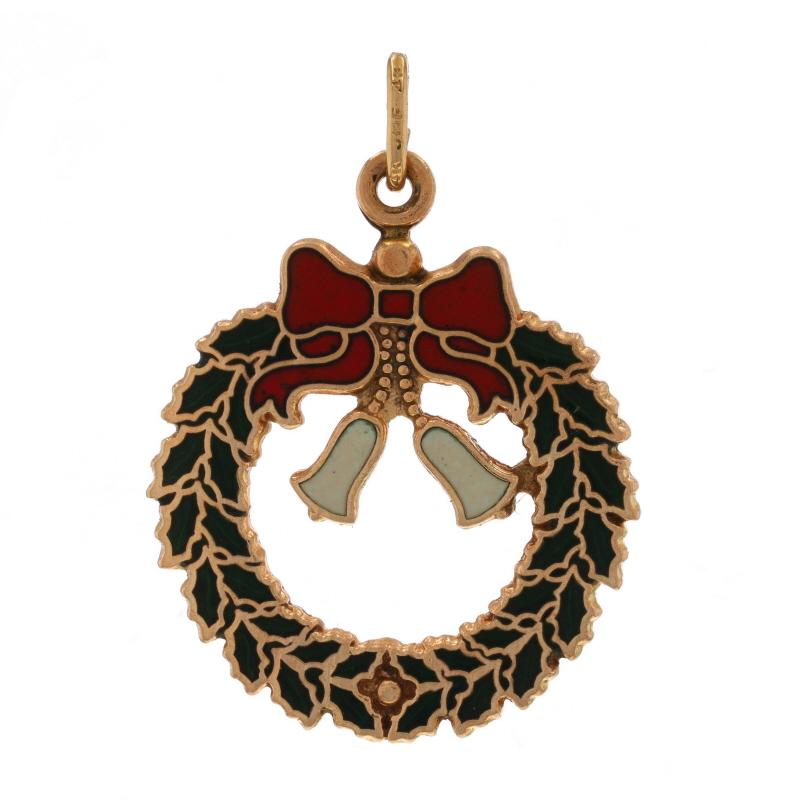Era: Vintage

Metal Content: 14k Yellow Gold

Material Information
Enamel
Color: Red, Green, & Cream

Theme: Christmas Bell Wreath, Holiday Decor

Measurements
Tall (from stationary bail): 1
