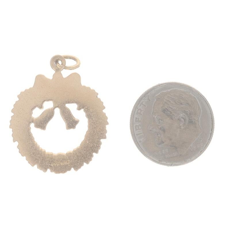 Women's Yellow Gold Vintage Christmas Bell Wreath Charm - 14k Holiday Decor Pendant For Sale
