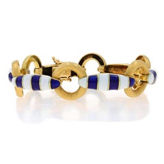 Yellow Gold Vintage Circle Stripe Link Bracelet 6 1/2" - 18k Nautical Enamel