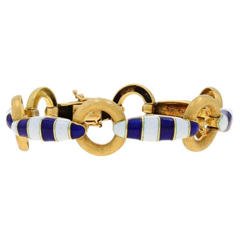 Yellow Gold Vintage Circle Stripe Link Bracelet 6 1/2" - 18k Nautical Enamel For Sale