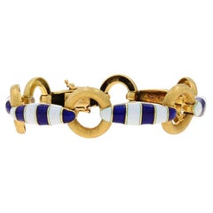 Bracelet à maillons vintage en or jaune à rayures circulaires 6 1/2" - émail nautique 18 carats