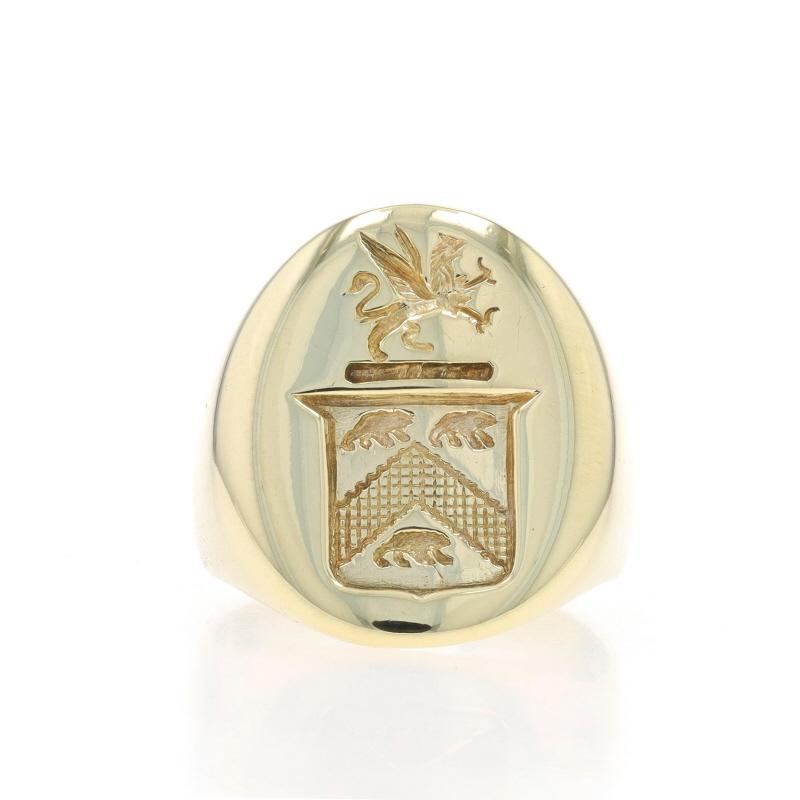 Size: 4 1/2
Sizing Fee: Up 3 sizes for $40 or Down 1 size for $40

Era: Vintage

Metal Content: 14k Yellow Gold

Style: Signet
Theme: Coat of Arms, Family Crest

Measurements

Face Height (north to south): 23/32