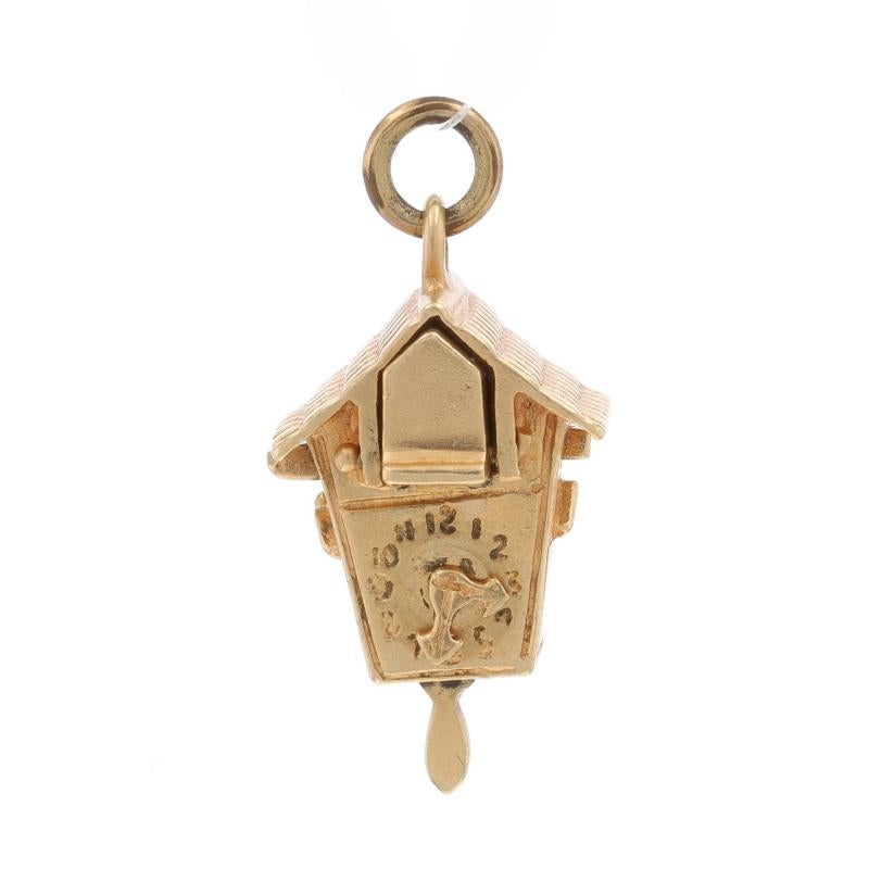Yellow Gold Vintage Cuckoo Clock Charm - 14k Blue Enamel Blue Bird Opens & Moves In Good Condition For Sale In Greensboro, NC