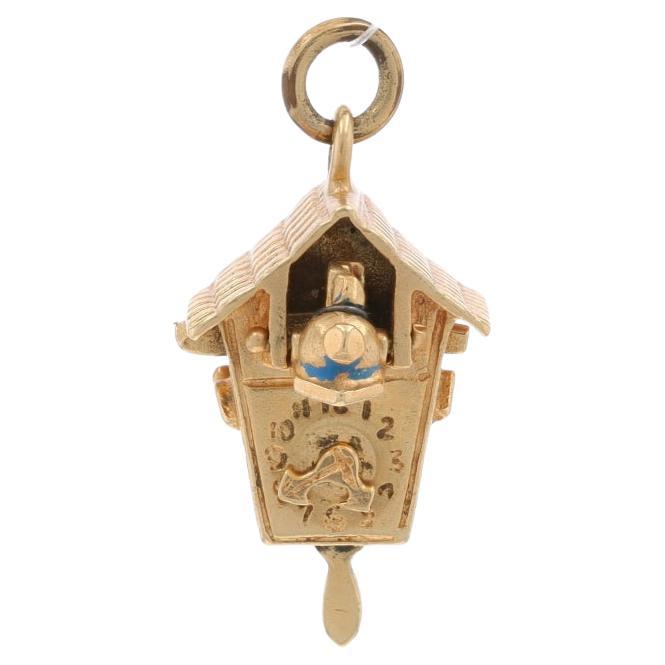 Yellow Gold Vintage Cuckoo Clock Charm - 14k Blue Enamel Blue Bird Opens & Moves