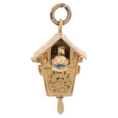 Yellow Gold Vintage Cuckoo Clock Charm - 14k Blue Enamel Blue Bird Opens & Moves