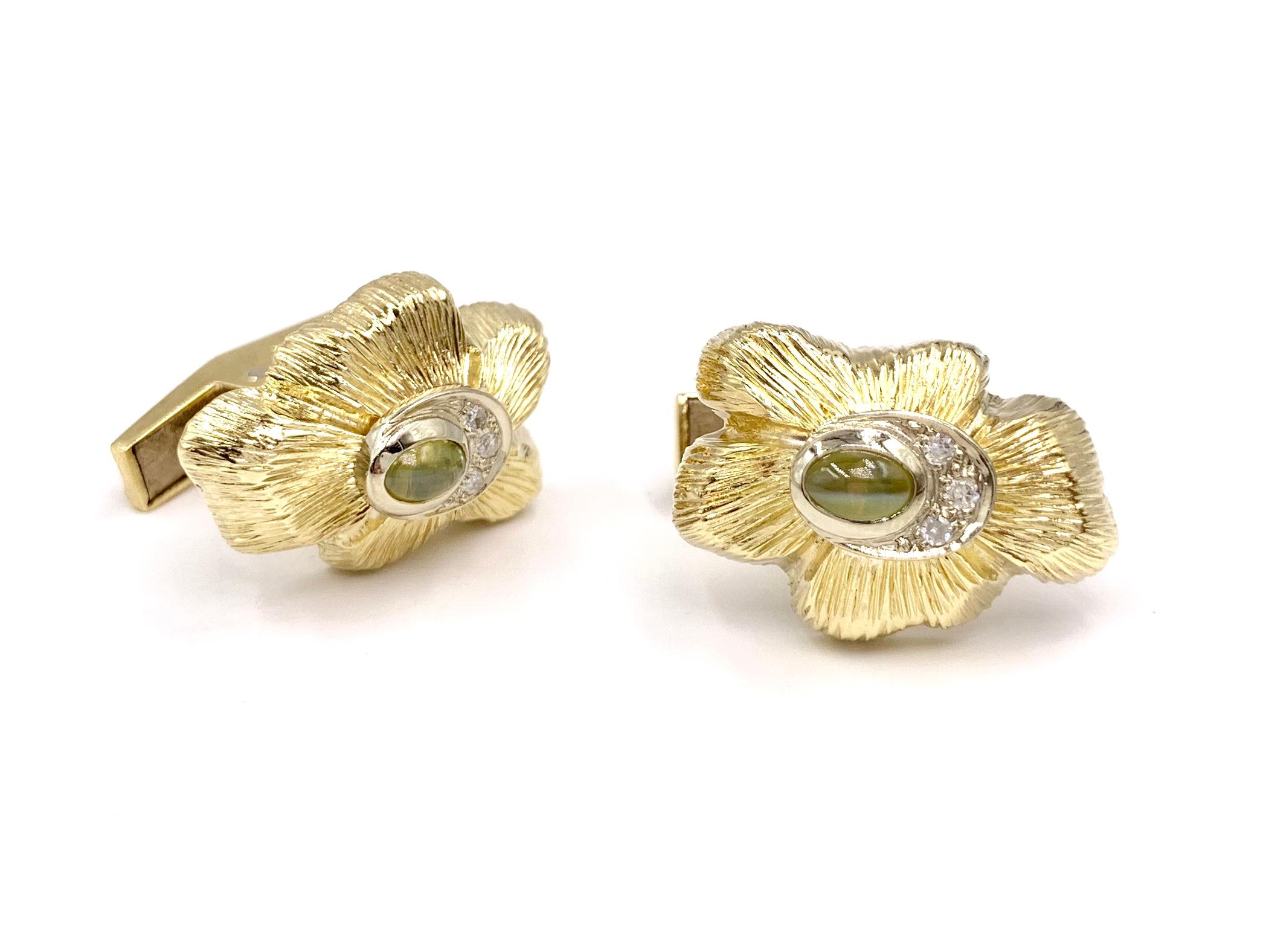 Yellow Gold Vintage Cufflinks with Diamonds and Cat's Eye Gemstones In Good Condition For Sale In Pikesville, MD