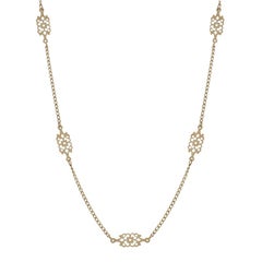 Yellow Gold Vintage Curb Chain Station Necklace 17 1/2" - 14k Floral Lace