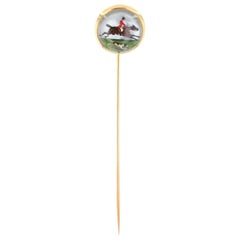 Yellow Gold Vintage Essex Crystal Fox Hunting Stickpin, 14k Equestrian Sport