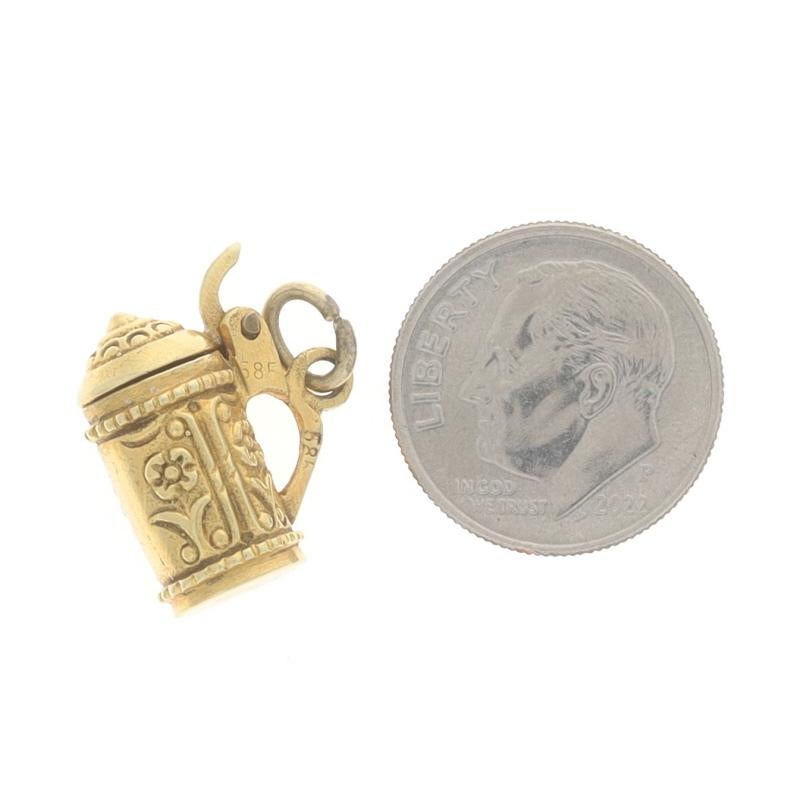 Women's or Men's Yellow Gold Vintage Floral Beer Stein Charm 14k Brewery Drink Beverage Lid Moves For Sale