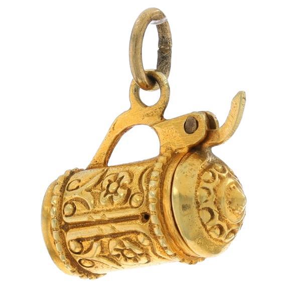 Yellow Gold Vintage Floral Beer Stein Charm 14k Brewery Drink Beverage Lid Moves For Sale