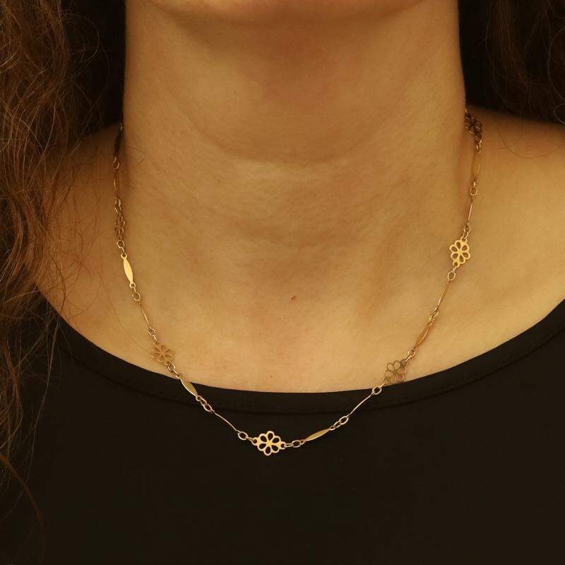Collier en or jaune vintage fleur fantaisie avec chaîne longue et courte 17 1/2