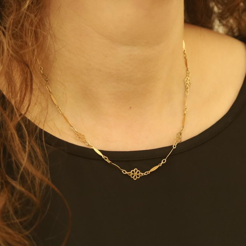 Collier en or jaune vintage fleur fantaisie avec chaîne longue et courte 17 1/2