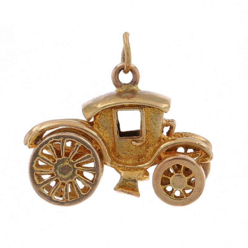 Era: Vintage

Metal Content: 9k Yellow Gold

Theme: Horse-Drawn Carriage, Olden Day Transportation
Features: Wheels Move

Measurements

Tall (from stationary bail): 17/32