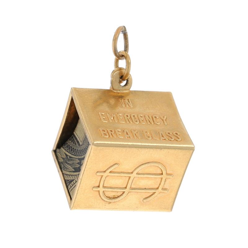 Era: Vintage

Metal Content: 14k Yellow Gold

Theme: Mad Money, Emergency Folded $1 Bill

Measurements

Item 1: Money Cube
Tall (from stationary bail): 7/8
