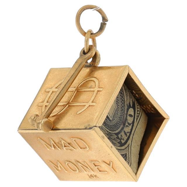 Yellow Gold Vintage Mad Money Charm - 14k Emergency Folded $1 Bill For Sale