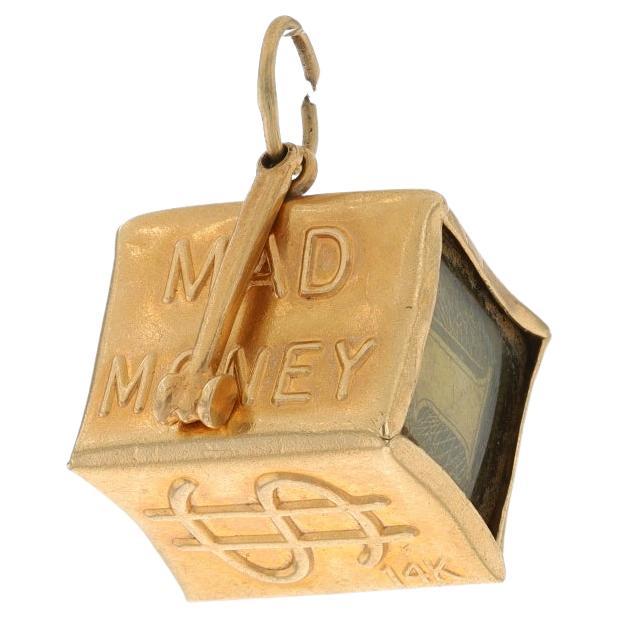 Yellow Gold Vintage Mad Money Charm - 14k Folded Emergency $1 Bill Hammer & Box For Sale