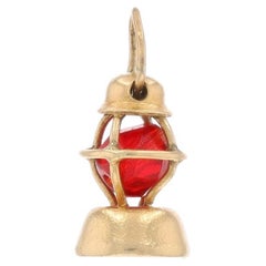 Yellow Gold Vintage Railroad Lantern Charm - 14k Red Glass Bead Locomotive Train