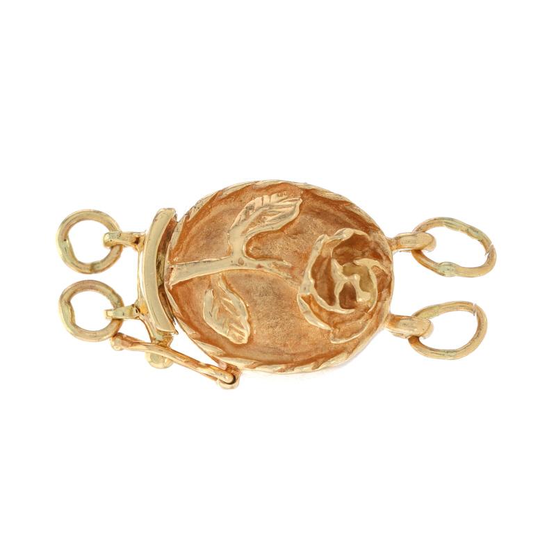Design:  Slide bracelet clasp
Era: Vintage

Metal Content: 14k Yellow Gold

Theme: Rose, Floral

Measurements

Tall: 13/16