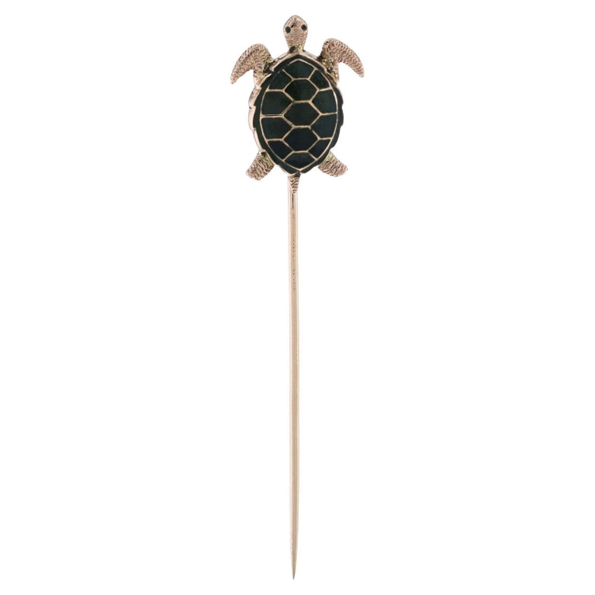 Yellow Gold Vintage Sea Turtle Stickpin 14k Ocean Life Reptile Green Enamel