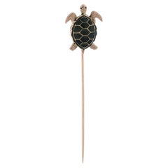 Yellow Gold Vintage Sea Turtle Stickpin 14k Ocean Life Reptile Green Enamel