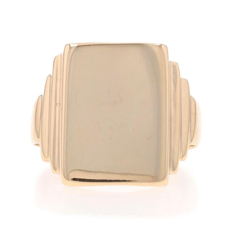 Size: 8 1/2
Sizing Fee: Up 2 sizes for $40 or Down 2 sizes for $40

Note: If sized down, the shank will become oval in shape.

Era: Vintage

Metal Content: 10k Yellow Gold

Style: Signet
Features: Engravable Face

Measurements

Face Height (north to