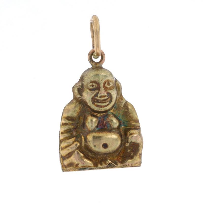 Era: Vintage

Metal Content: 10k Yellow Gold

Theme: Smiling Happy Buddha
Features: Hollow Construction

Measurements
Tall (from stationary bail): 3/4