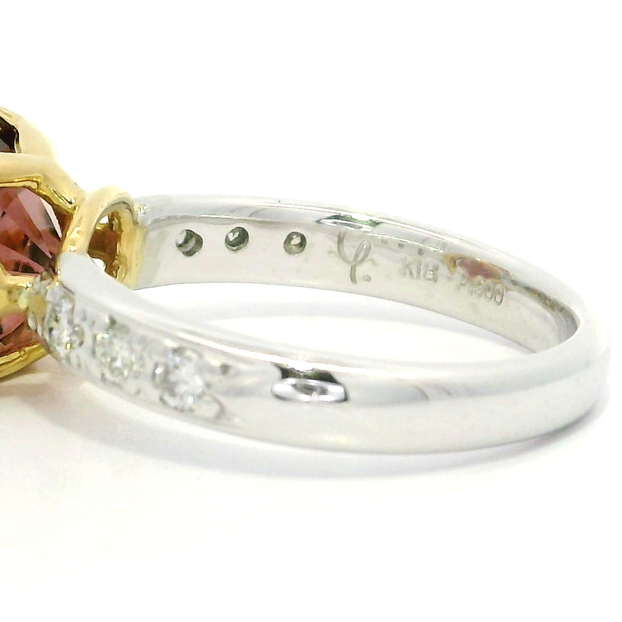 Yellow Gold w/ Platinum GIA 4.67ctw Pink Peachy Tourmaline & Diamond Sides Ring en vente 7
