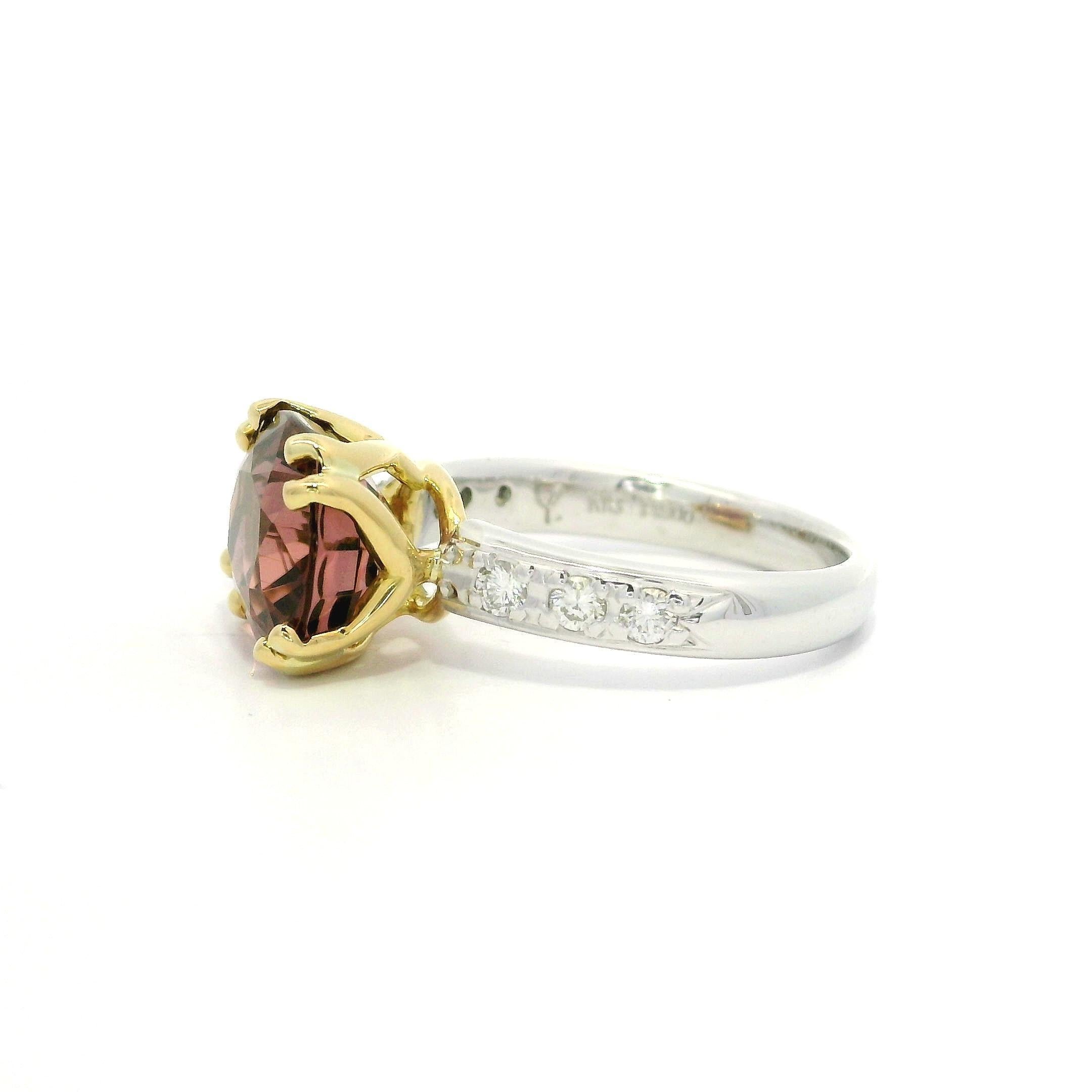 Yellow Gold w/ Platinum GIA 4.67ctw Pink Peachy Tourmaline & Diamond Sides Ring en vente 9