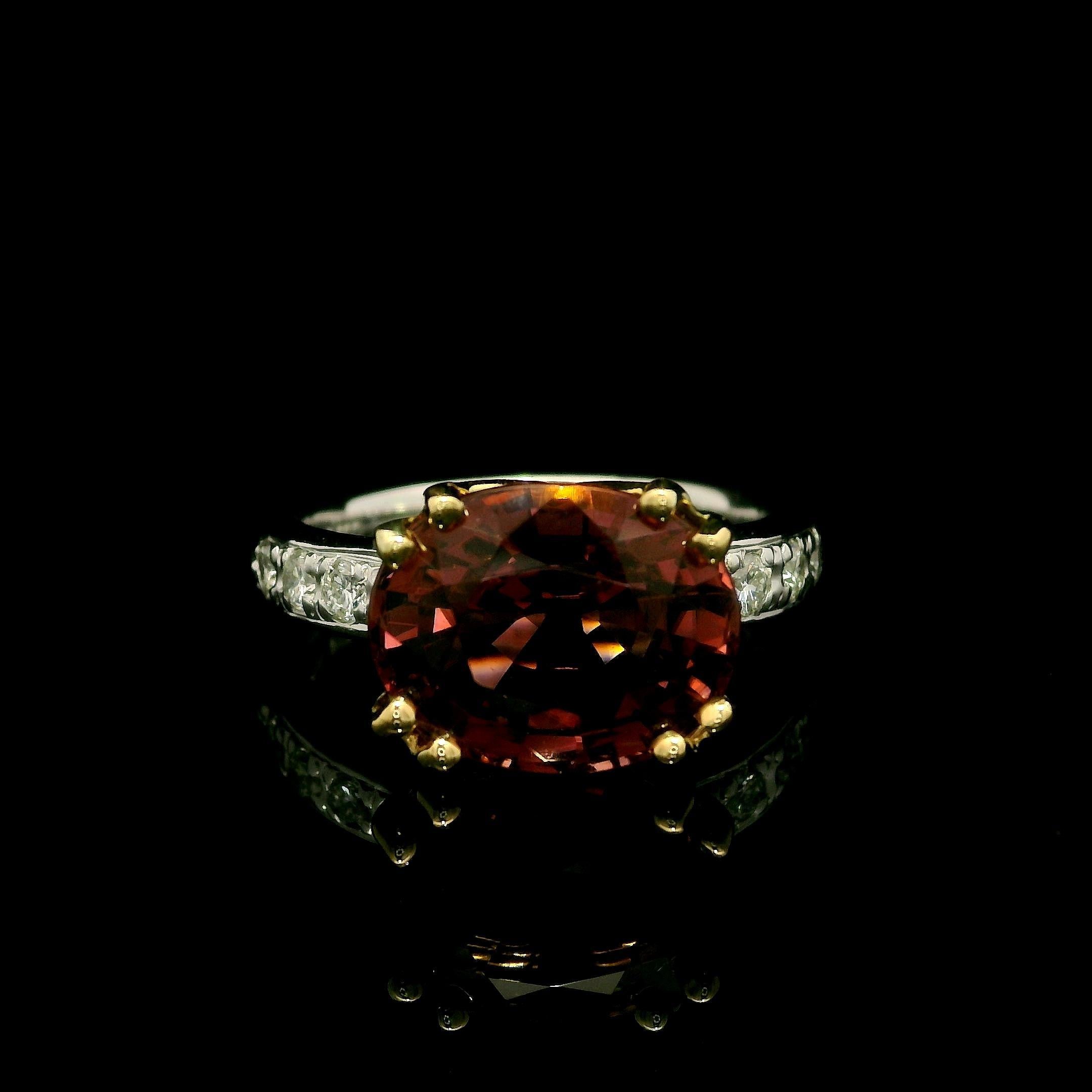 --Stone(s):--
(1) Natural Genuine Tourmaline - Oval Cut - Dual Prong Set - Brownish Pink Color - 11.46 x 9.07 x 6.35mm - 4.47ct (exact)
** See Certification Details Below for Complete Info ** 
(6) Natural Genuine Diamonds - Round Brilliant Cut -
