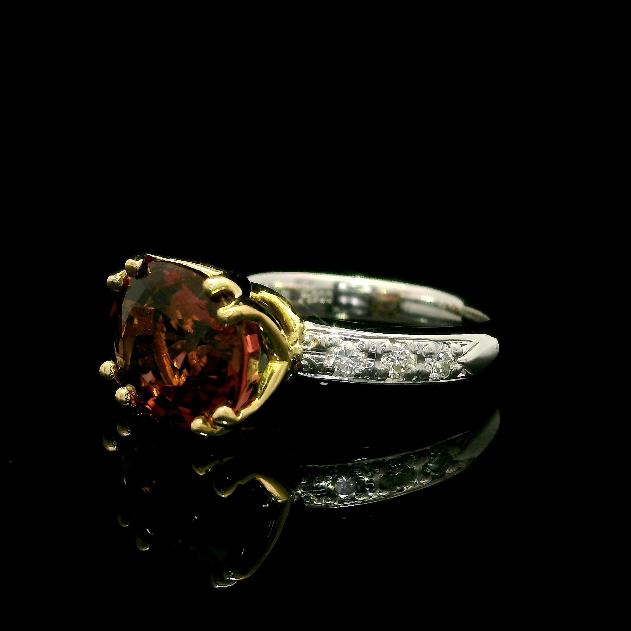 Yellow Gold w/ Platinum GIA 4.67ctw Pink Peachy Tourmaline & Diamond Sides Ring Excellent état - En vente à Montclair, NJ