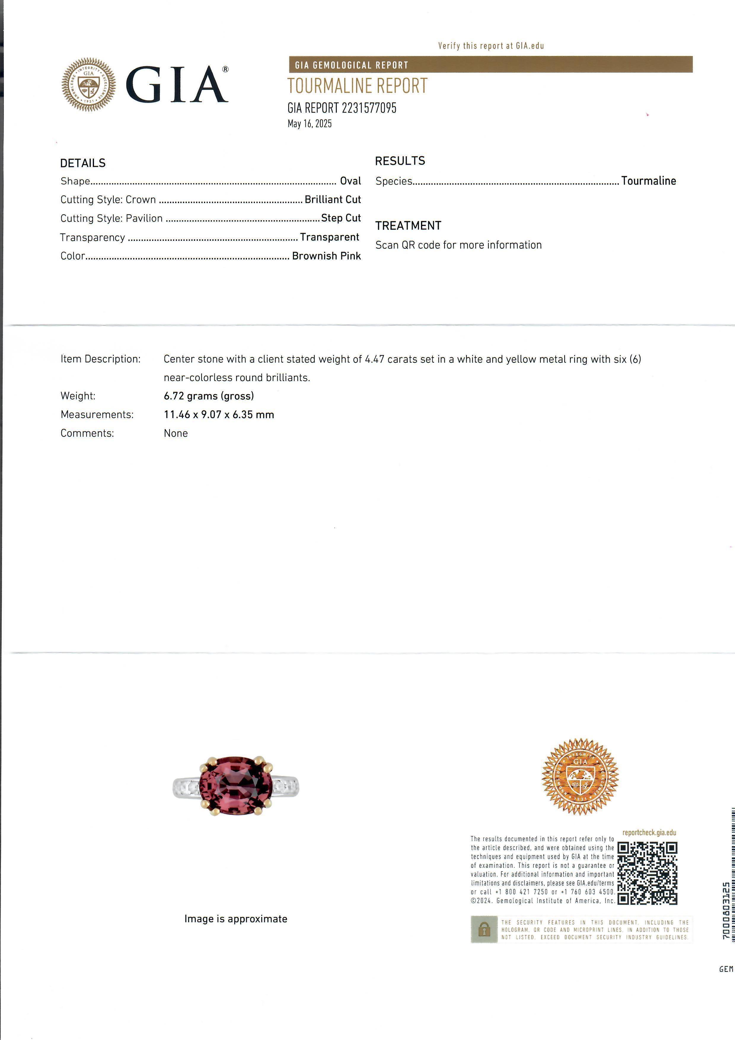 Yellow Gold w/ Platinum GIA 4.67ctw Pink Peachy Tourmaline & Diamond Sides Ring Pour femmes en vente