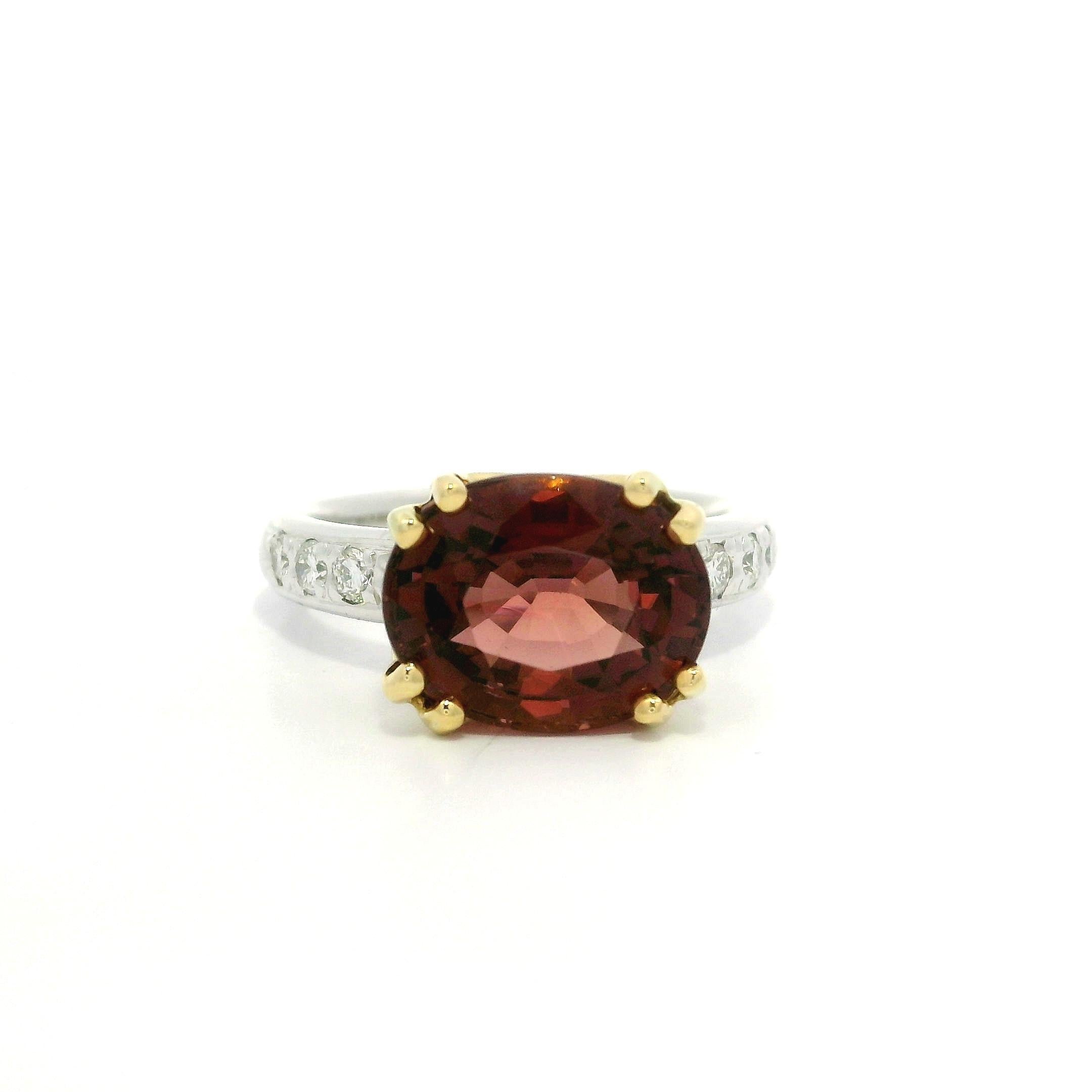 Yellow Gold w/ Platinum GIA 4.67ctw Pink Peachy Tourmaline & Diamond Sides Ring en vente 3