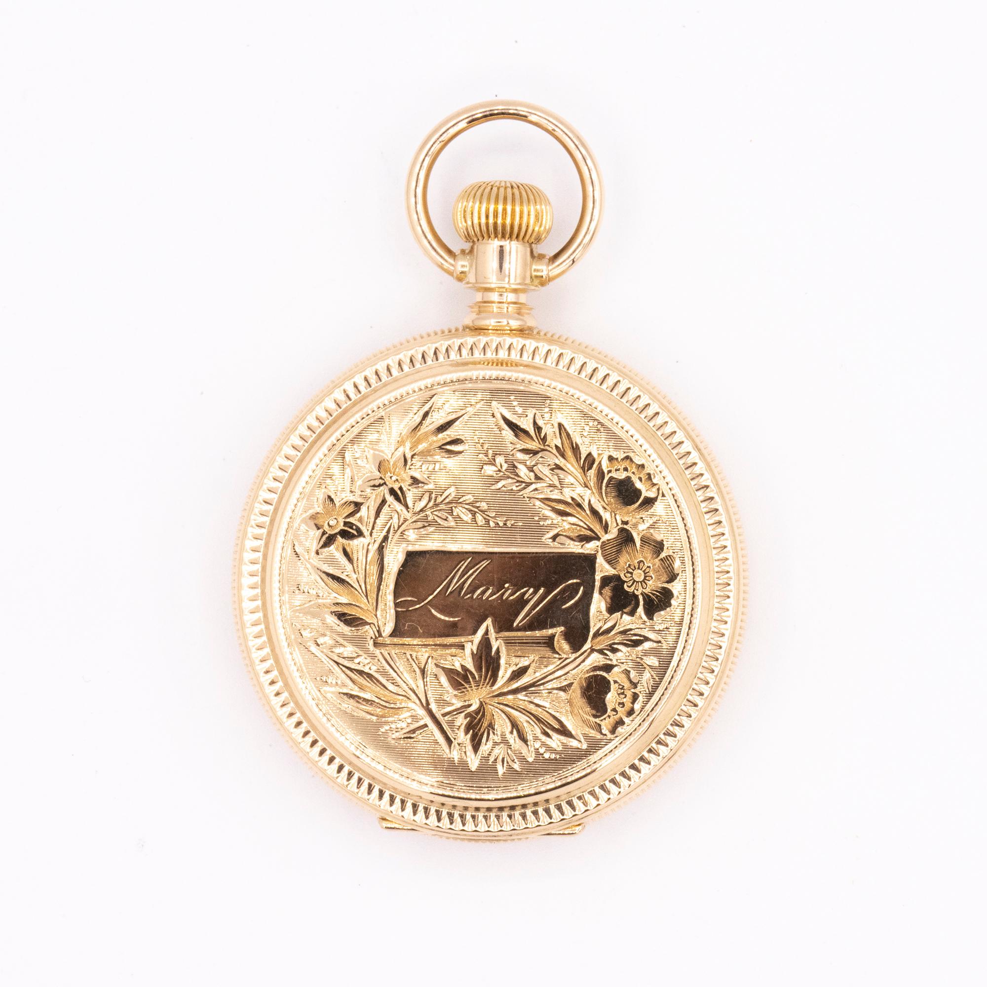 Vintage 14kt Yellow Gold engraved Waltham pocket watch. White dial with sub-seconds dial. Case # 10414. Circa 1886. Size 6 (Aprx. 34mm).

Expertly restored by our master watchmakers.