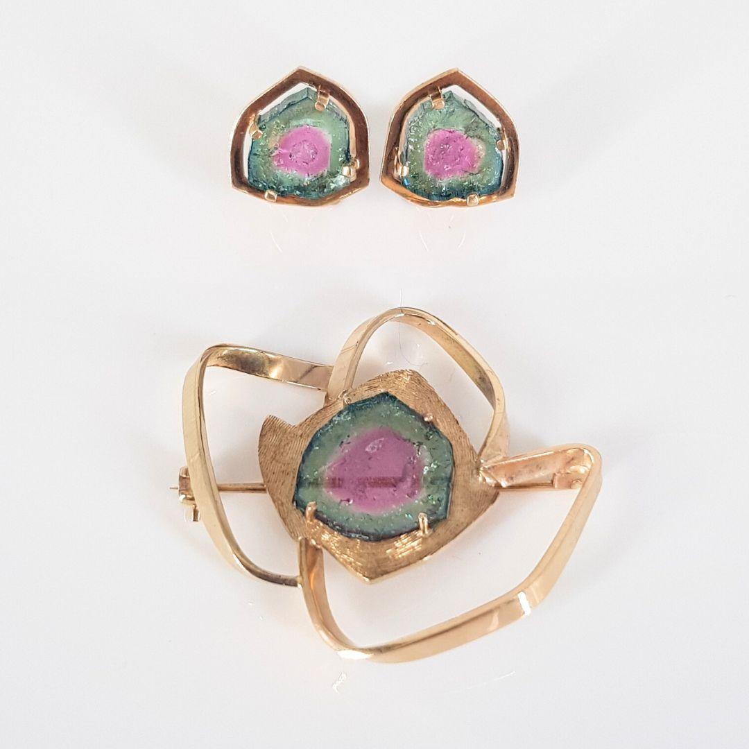 Yellow Gold Watermelon Tourmaline Brooch And Clip On Earrings For Sale 5