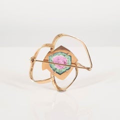Yellow Gold Watermelon Tourmaline Brooch And Clip On Earrings