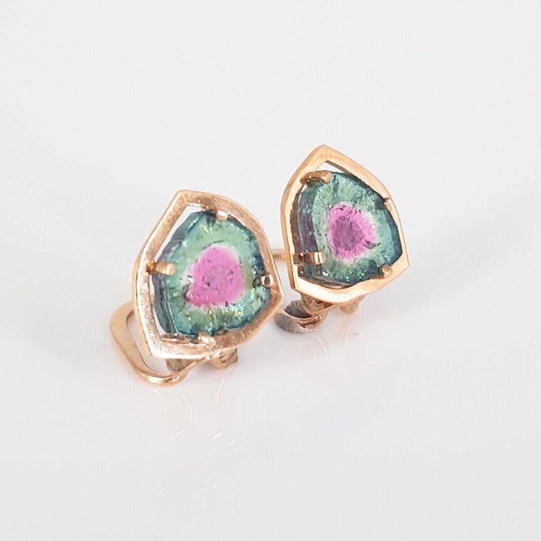 Yellow Gold Watermelon Tourmaline Brooch And Clip On Earrings For Sale 1