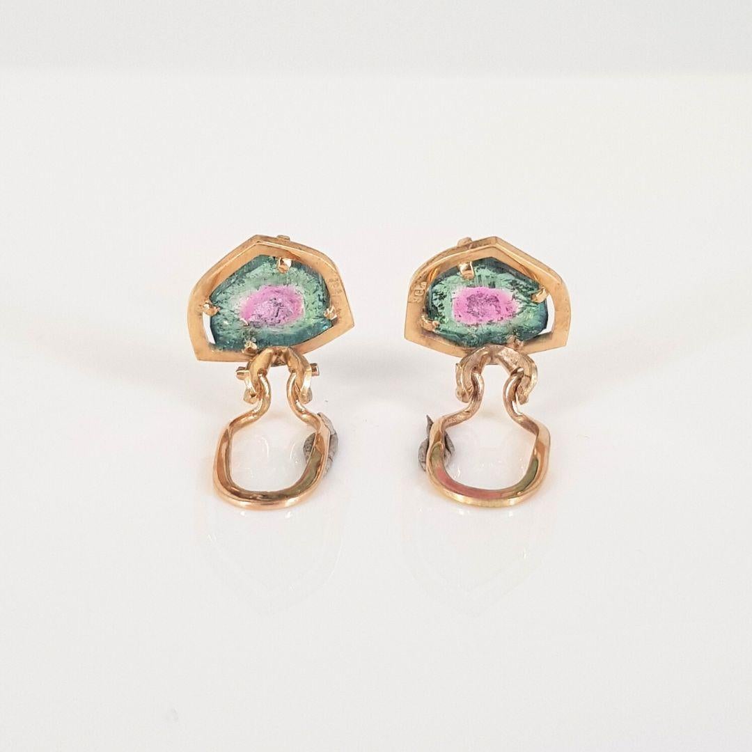Yellow Gold Watermelon Tourmaline Brooch And Clip On Earrings For Sale 4
